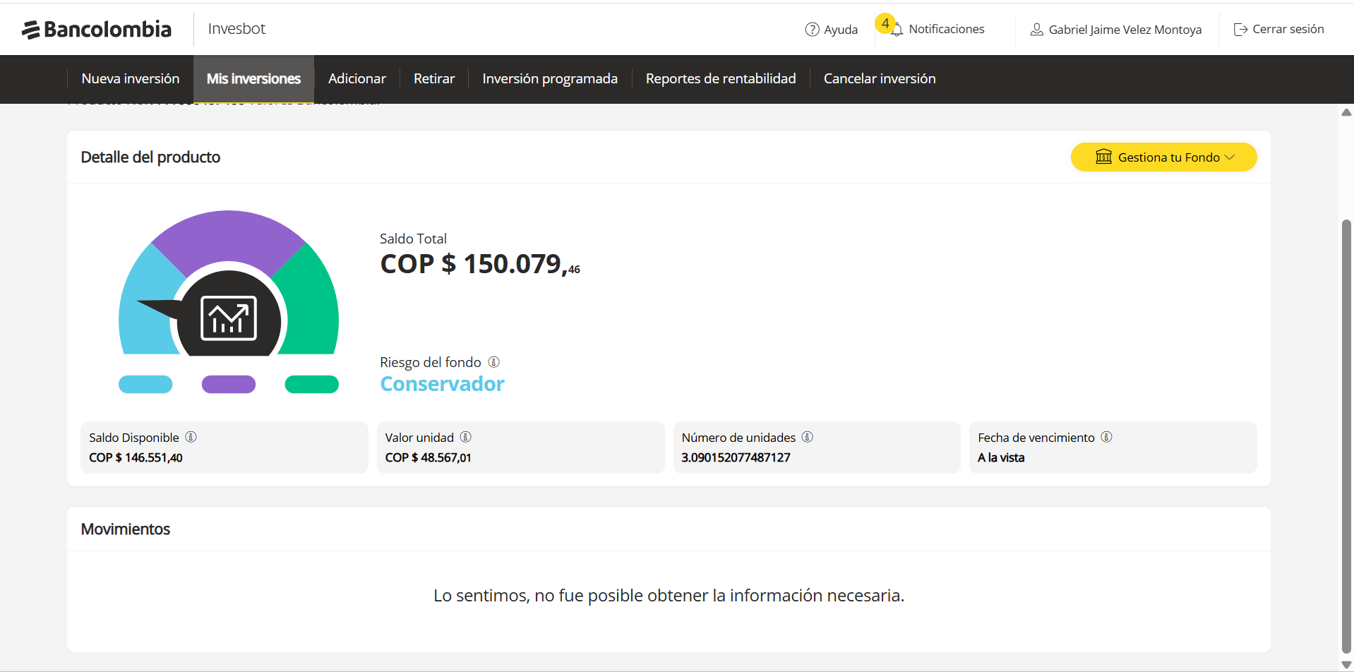 Captura de la sección Mis inversiones de Invesbot, con detalle de un fondo y sus movimientos